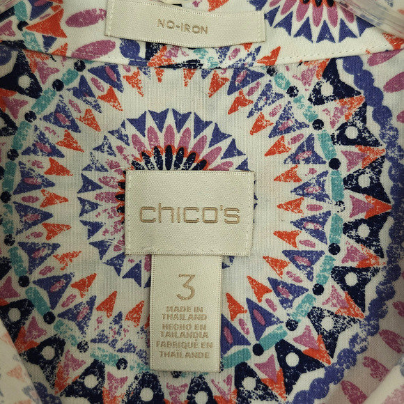 Chico's No Iron Sunburst Button Front Top Size XL / 3 Colorful Cotton 3/4 Sleeve - Picture 3 of 9